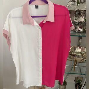 SHEIN Pink and White Button-Up Shirt